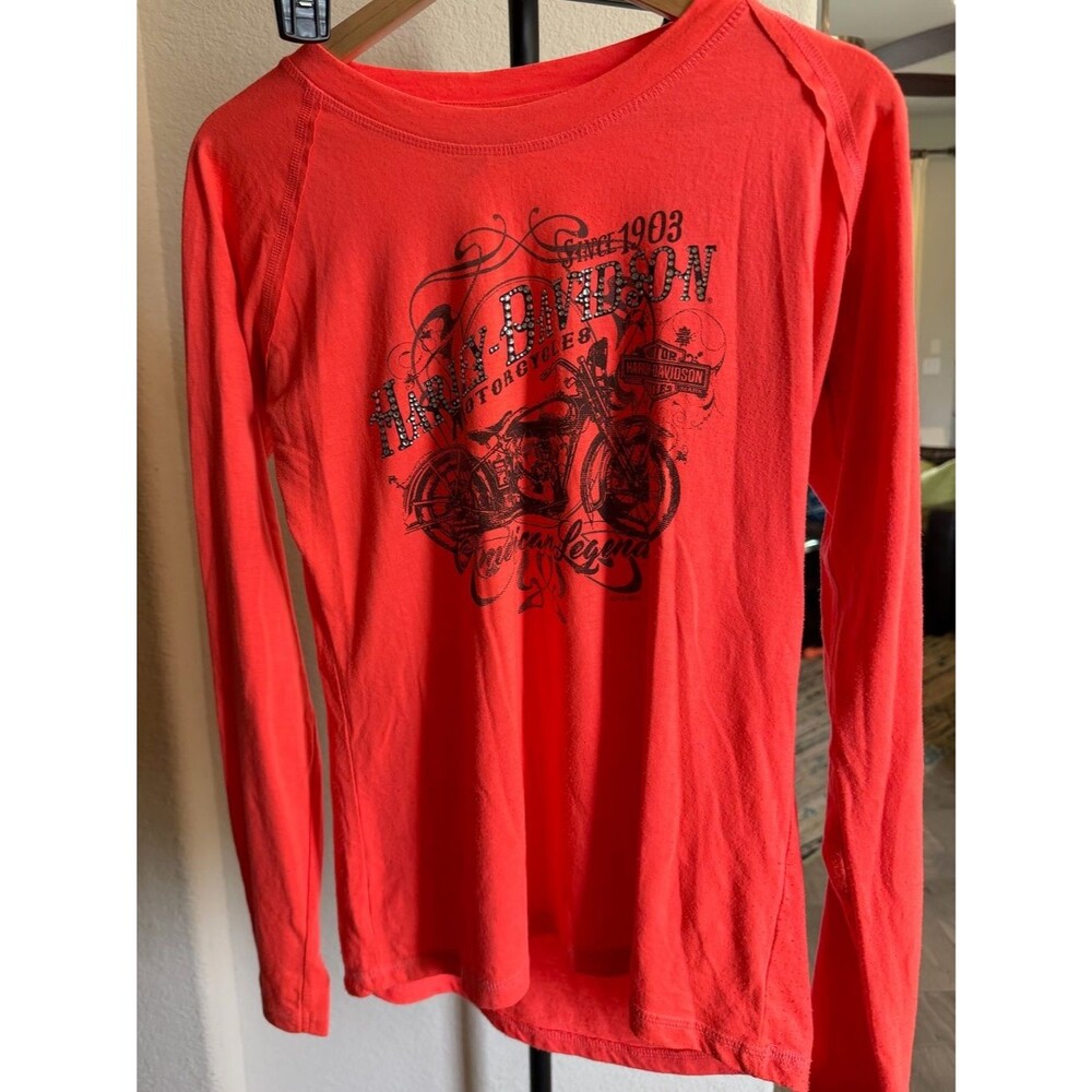 Harley-Davidson Coral Red Long Twin Falls Sequin Logo Sleeve Graphic Tee M